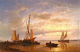 Calm Canvas Paintings - Dutch Fishing Vessels In A Calm At Sunset
